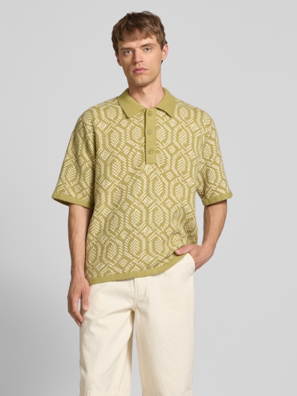 NWT Jack & Jones Cedar Green Geometric Loose Fit Knit Polo Shirt Mens Sz Medium